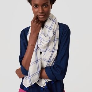 LOFT Boho Tassel Plaid Scarf Blue and White NWT